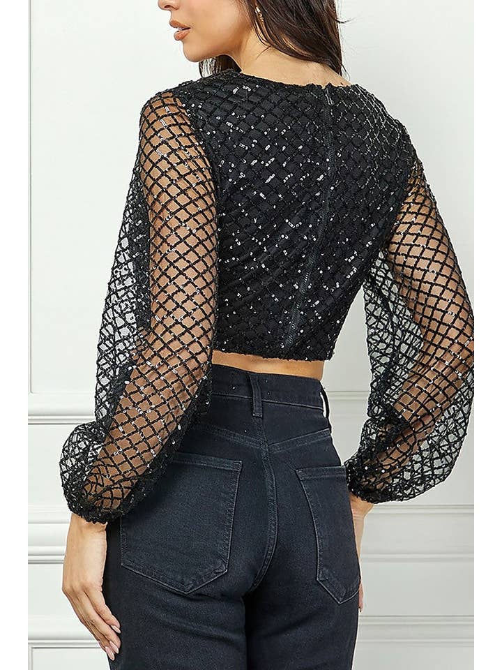 ROUSSEAU - Wholesale Blouse - Women's - SEQUIN SWEETHEART NECK LONG SLEEVES CROP TOP
