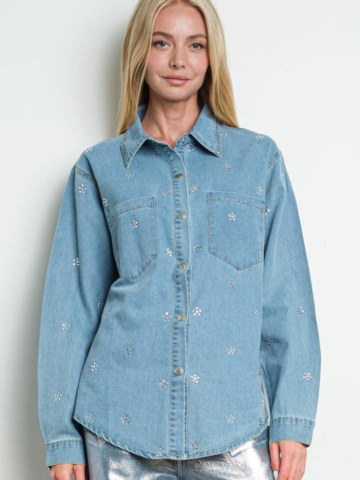 IT3232 Floral Motif Rhinestone Hotfix Denim Shirt Jacket for wholesale by KIWI