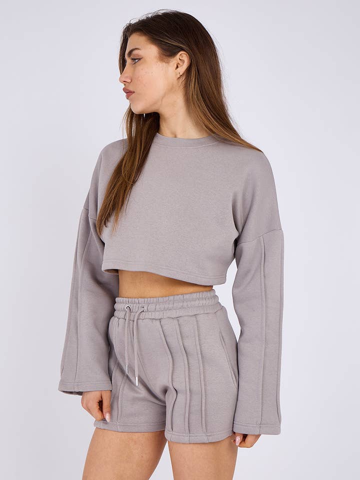 AX Labels - Wholesale Lounge Set - Women's - Seam Detail Oversized Crop Top & Shorts Fleece Co-ord45