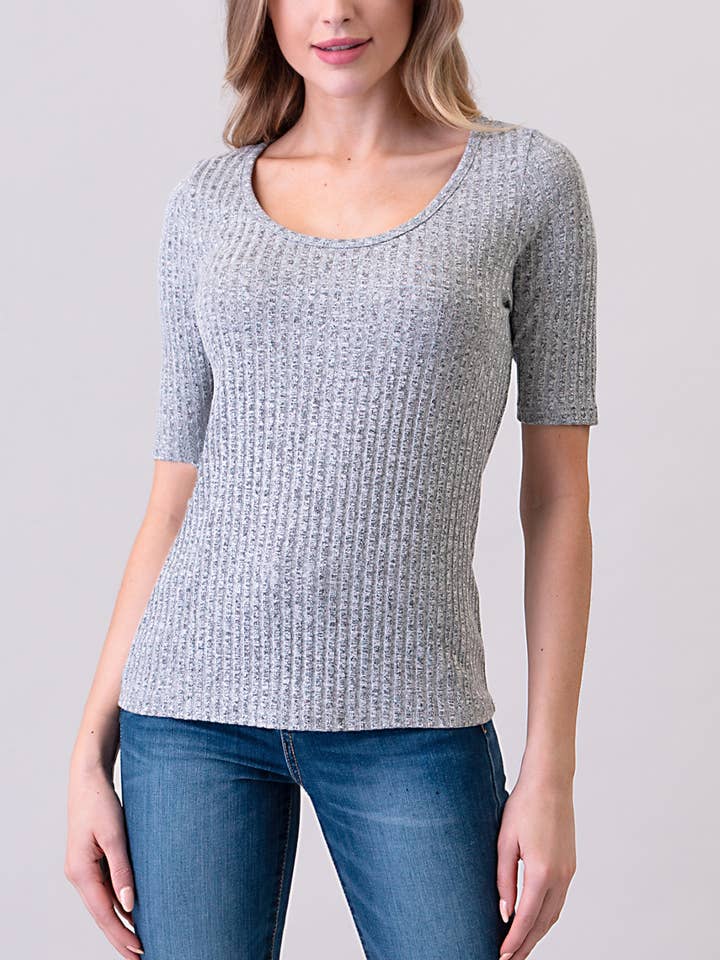 Half Sleeve Scoop Neck Ribbed Knit Top, T288 for wholesale by Heimious