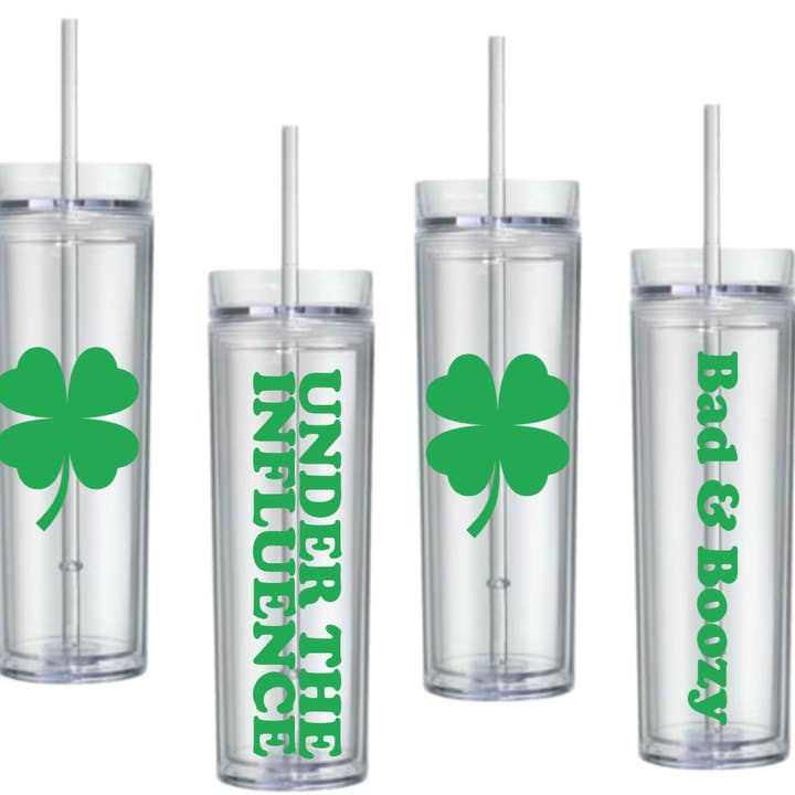 Shamrock bad boozy St Patrick's day skinny Tumbler cup for wholesale by The Candy Collections