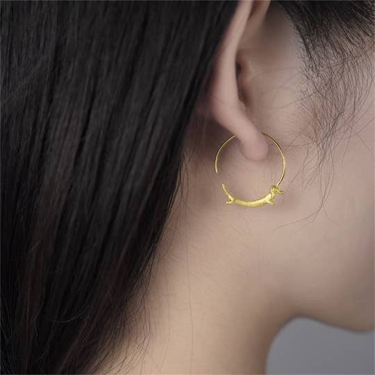 Perimade & Co. LLC - Wholesale Hoop Earrings - Cute Gold Dachshund Dog Hoop Earrings in 925 Sterling Silver
