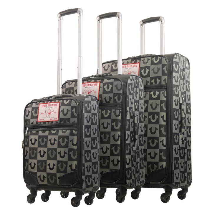 True Religion Soft Sided 3 pc spinner Luggage Set, BLACK for wholesale by True Religion