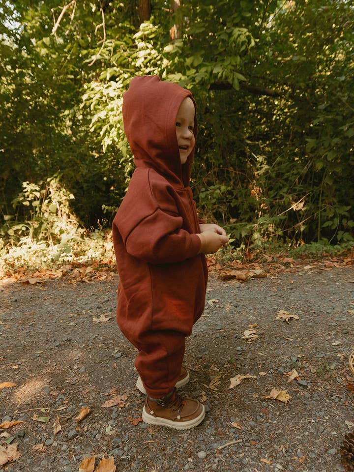 Hooded Baby Jumpsuit in Henna for wholesale by Winnie + Crew