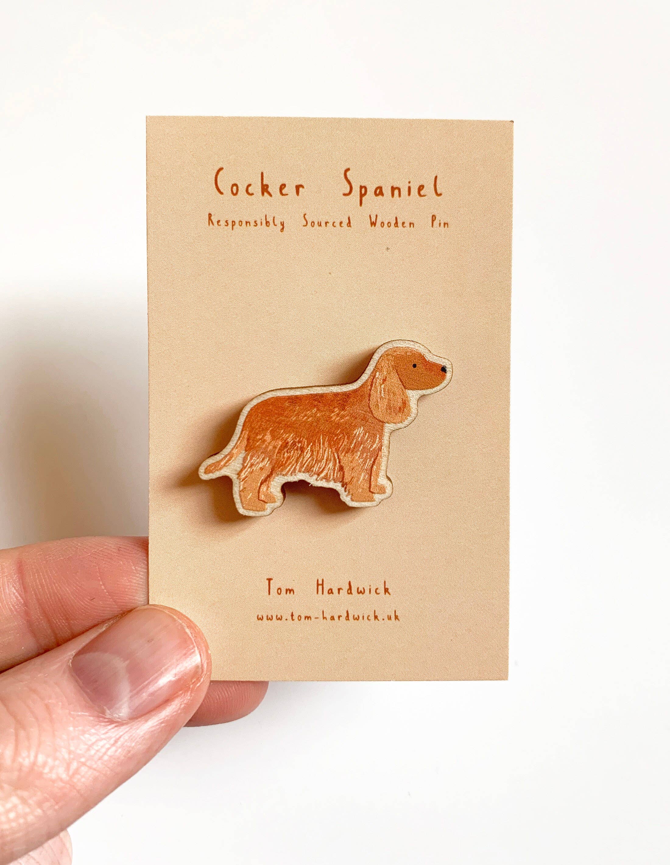 Tom Hardwick – wholesale Lapel pin/button – Cocker Spaniel Wooden Dog Pin - Responsibly Sourced Birch4
