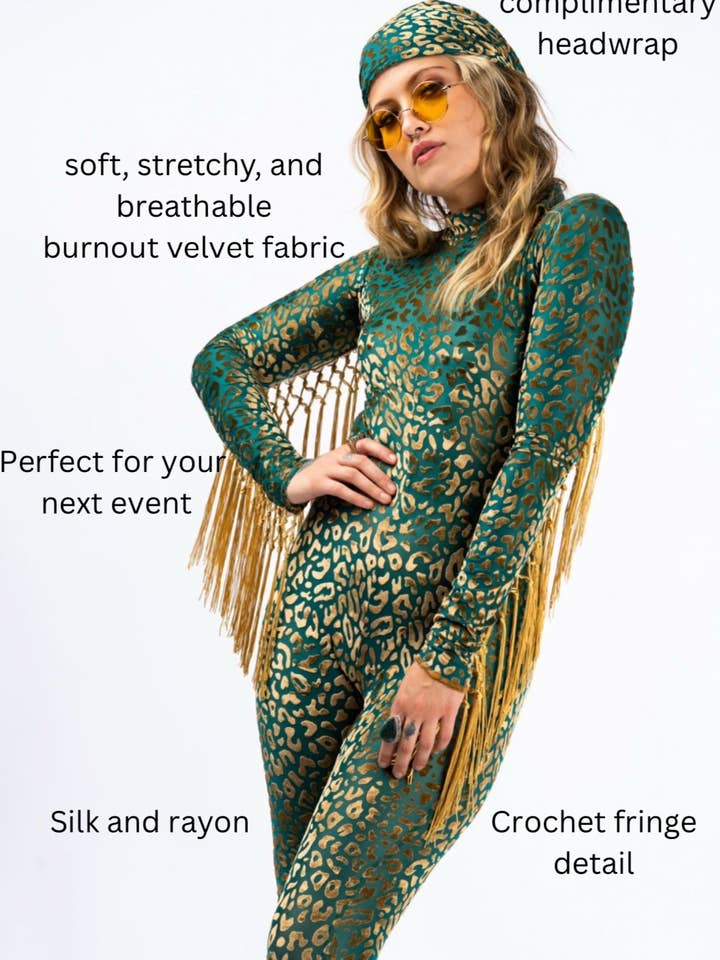 Radiant Robes – wholesale Onesie – Dam – Festivaldräkt med fransar i gepardmönstrad bränd sammet catsuit ravekläder8