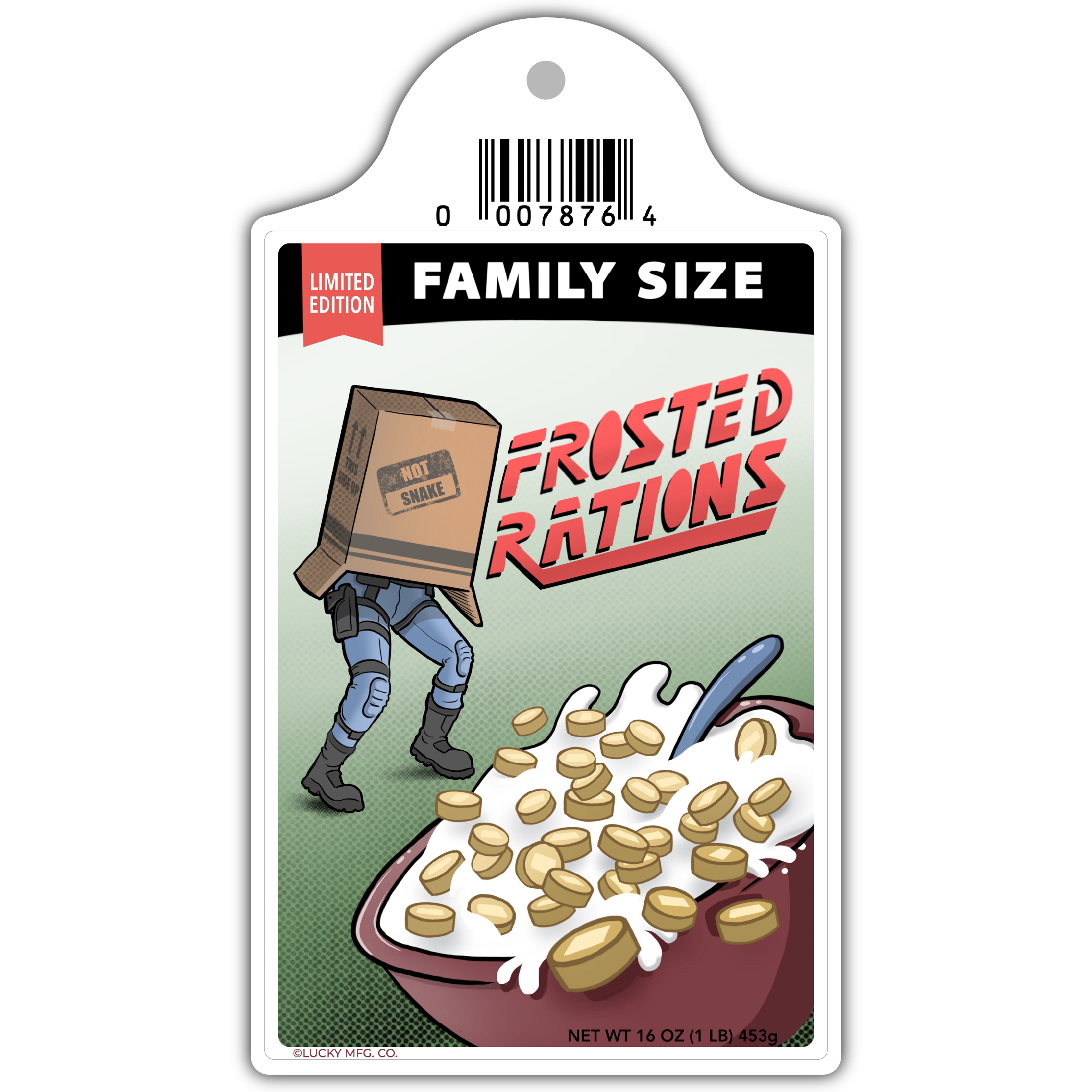 Lucky Mfg. Co. – Engroshandel Klistermærke – „Frosted Rations“ Metal Gear Solid Cereal Box Parodi-klistermærke1
