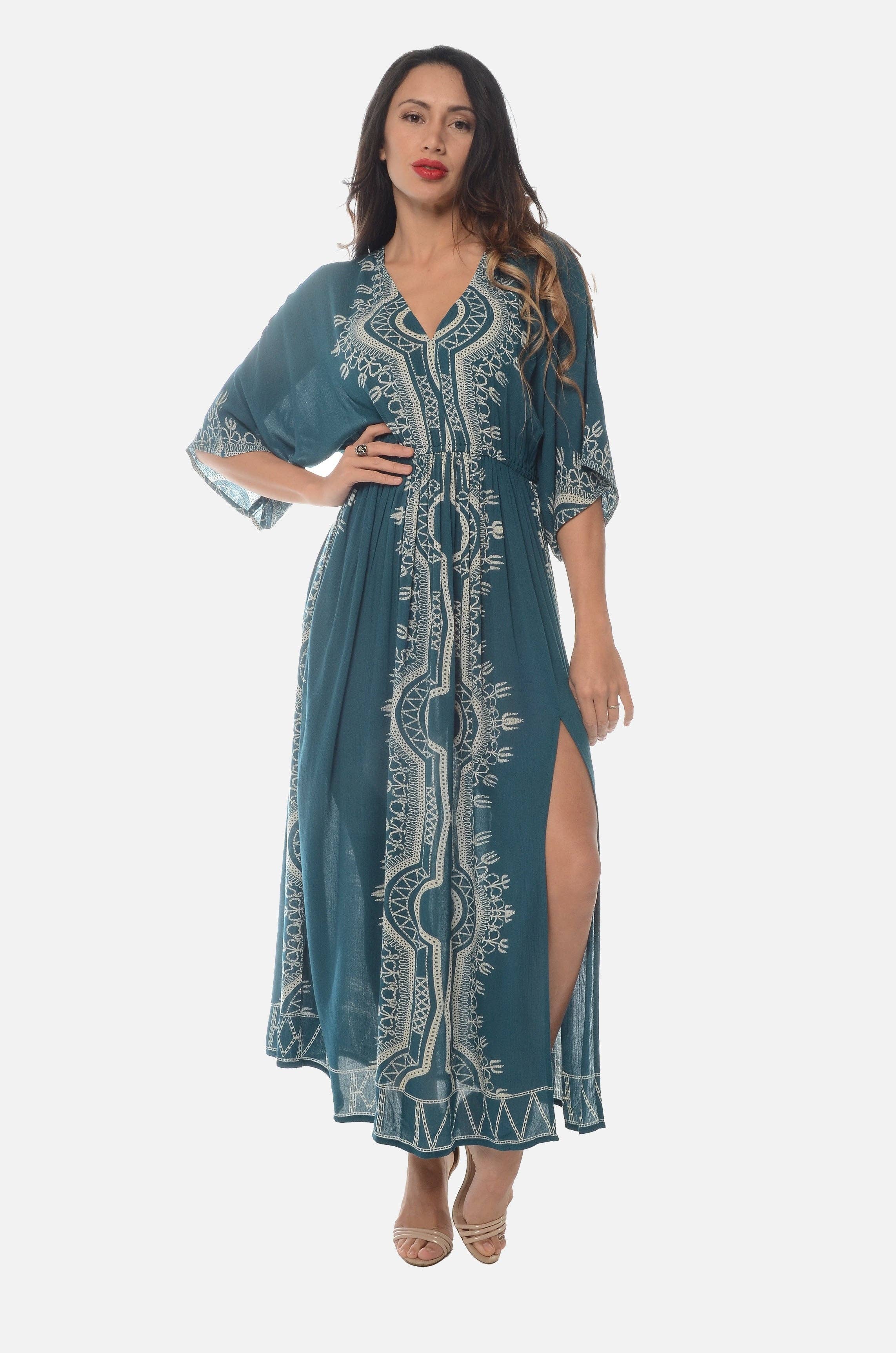 Shoreline Wear. INC – wholesale Kaftan - Dam – Bohemisk lång kaftan med blocktryck1