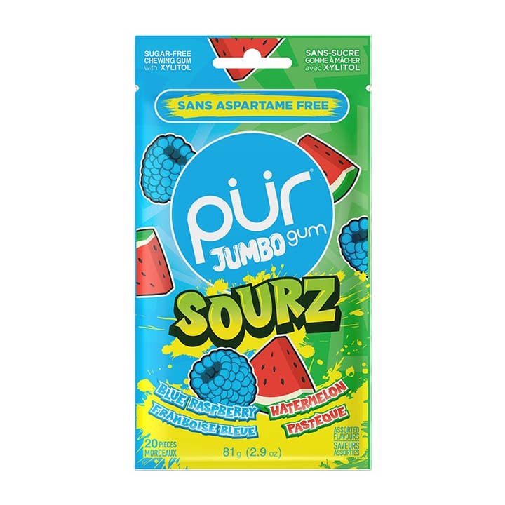 PUR Gum Jumbo Sourz, Blue Raz Watermelon 20 pièces, sac de 10 unités pour la vente par Grandpa Joe's Candy Shop