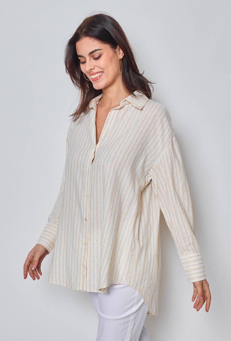 KY CREATION PARIS - Vente Chemise à col boutonné – femme - Chemise à rayures avec strass13