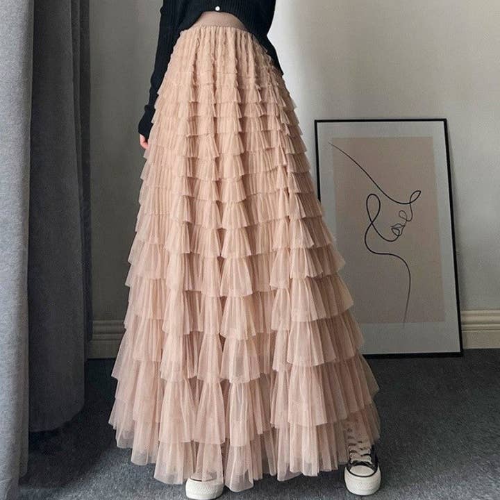 2025 Spring Summer Mesh Cake Skirt Women Solid Color Patchwork for wholesale by Sheer Trend