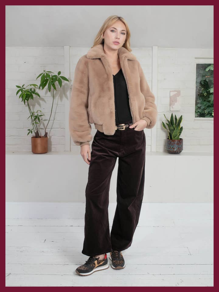 Beatrix Faux Fur Bomber In Camel for wholesale by NOOKI DESIGN LTD