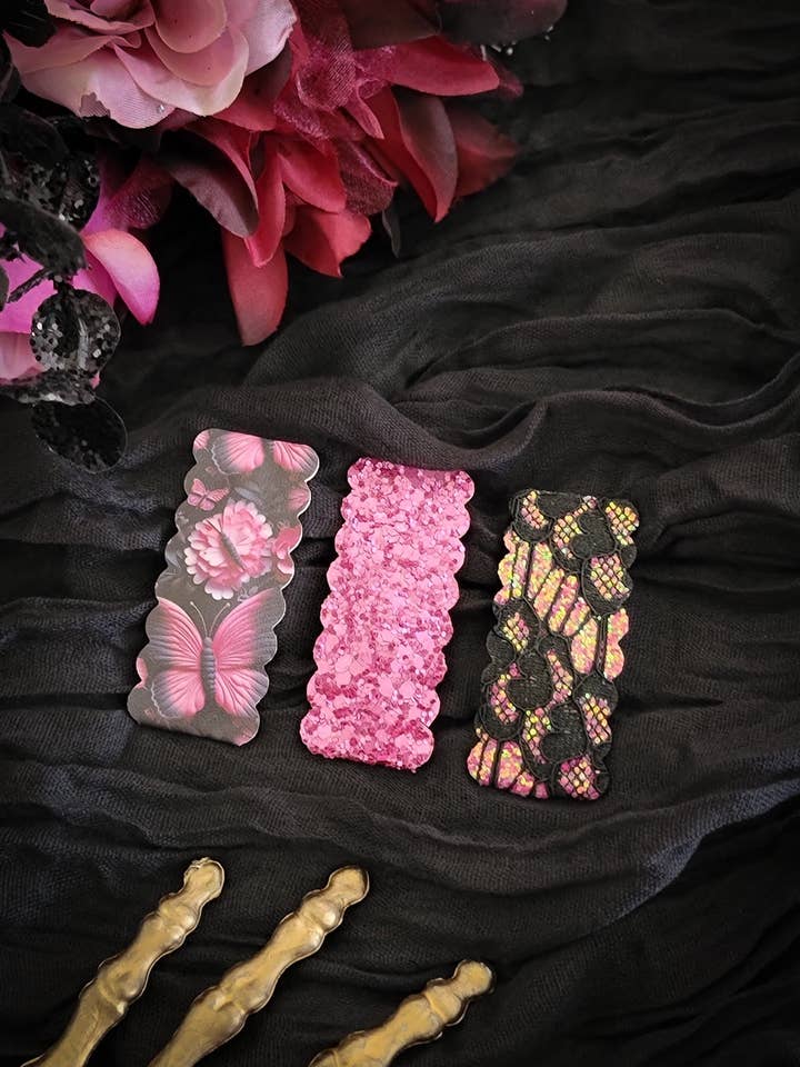 2.5 inch Rectangle Scallop Snap Clip 3pak-Mysterious Butterflies Wholesale for wholesale by Dainty Delights Creations