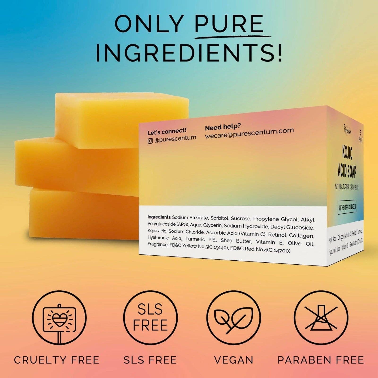 FEVUP CO. – sabonete sólido por atacado – Pure Scentum - Sabonetes Naturais de Ácido Kójico 3 x 3,05oz - Sabonete Clareador de Pele Removedor de Manchas Escuras de Ácido Kójico para Rosto e Corpo - Sabonete de Açafrão com Ácido Kójico, Vitamina C, Retinol, Colagénio…6