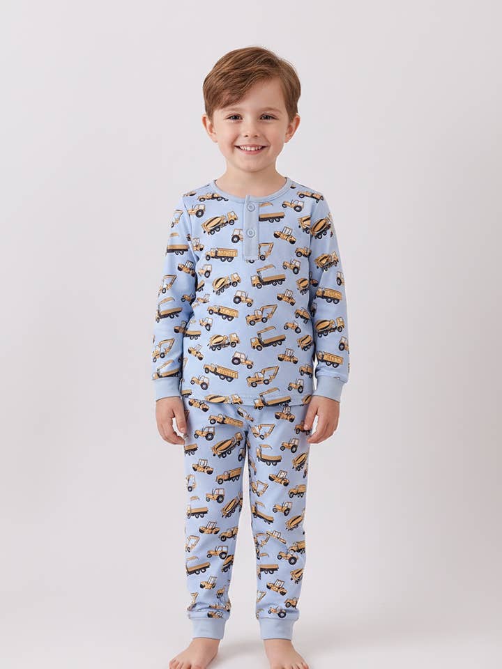 Premium blåt gravemaskineprint bambusbuksesæt for engroshandel hos Aspen Rain Boutique