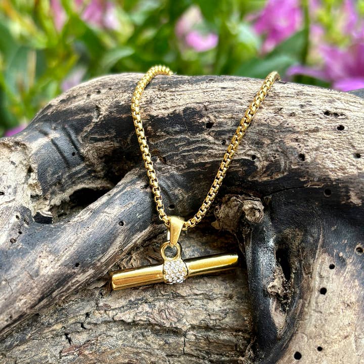 Ocean Ripples - Wholesale Pendant/charm necklace - 18ct Gold Plated Cubic Zirconia T Bar Necklace4