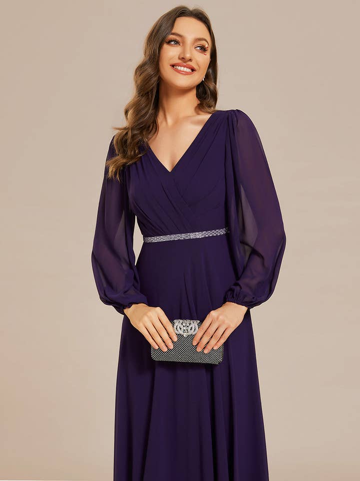 Ever-Pretty - Wholesale Gown - Women's - Elegant waisted chiffon V-neck Long Sleeve guest Dress8