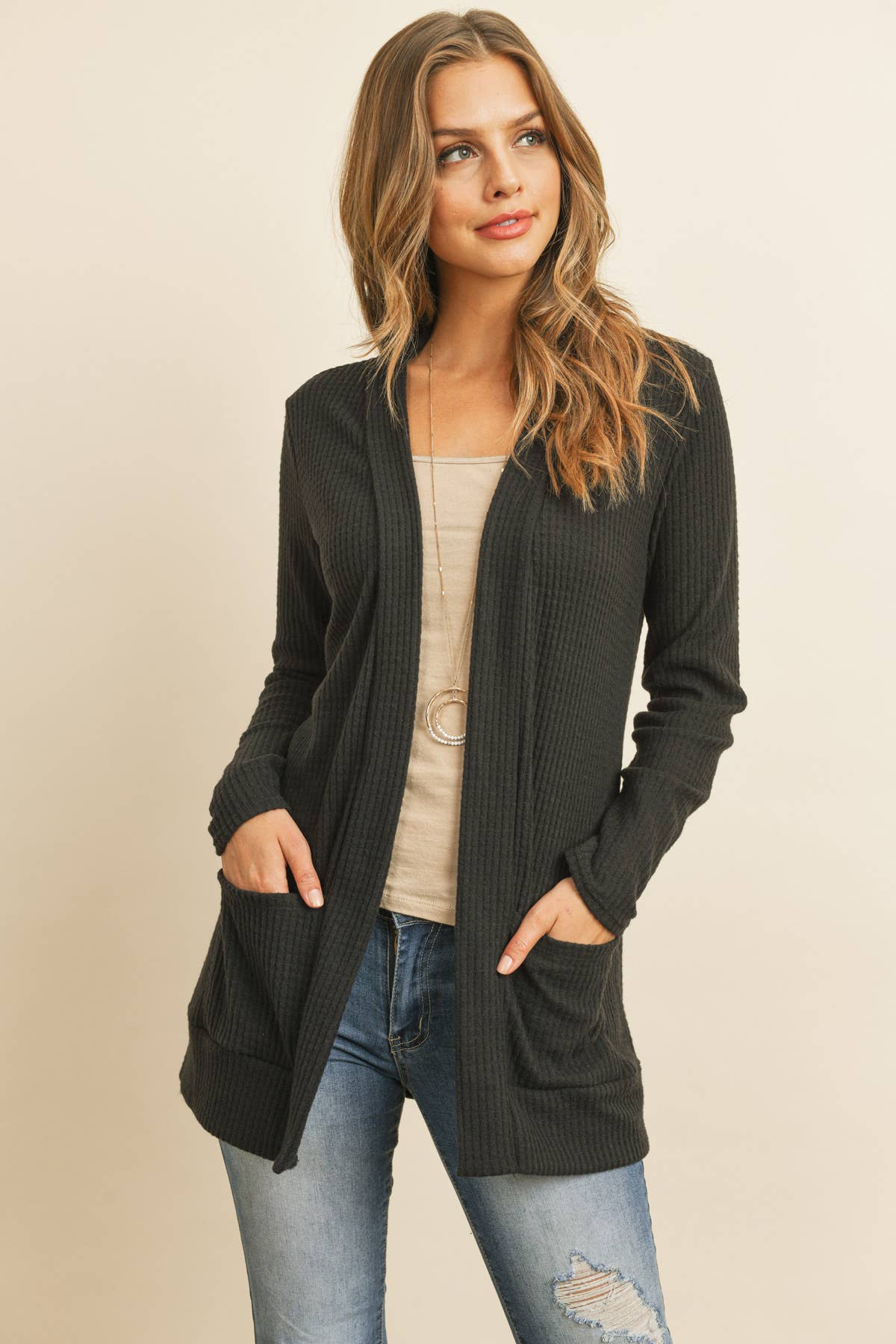 You & Me - Wholesale Cardigan - Women's - PLUS SIZE BRUSHED WAFFLE LONG SLEEVE SIDE POCKET OPEN FRONT5