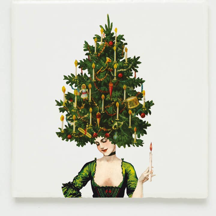 Wall tile collage lady with christmas tree on head for wholesale by Lylies
