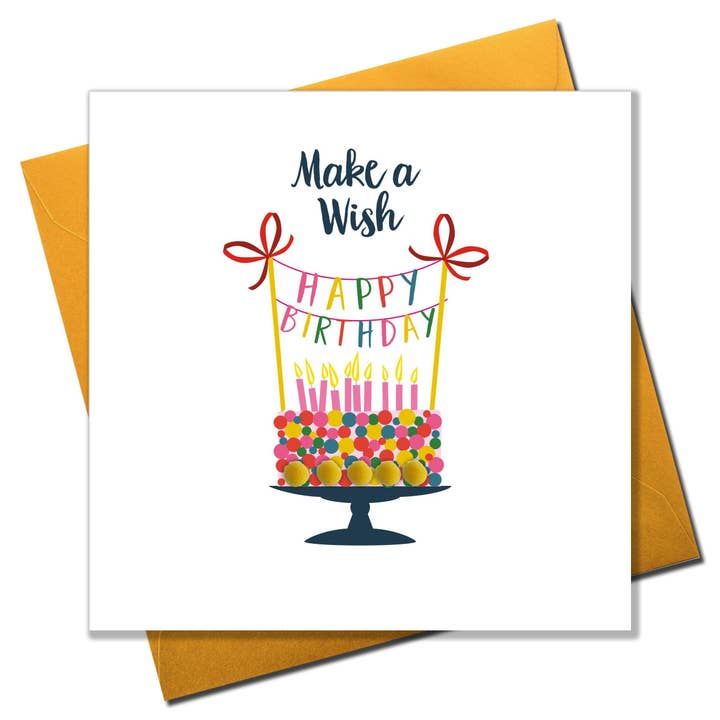 Everyday Card, Geburtstagstorte, Make a Wish, verziert mit bunten Pompons für den Großhandel von Claire Giles Ltd