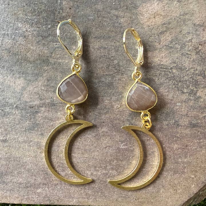 Waxing & Waning Chocolate Moonstone Earrings in Gold for Pro for wholesale by Carley King Jewels