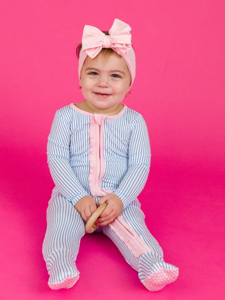 SoftSnooze™ Baby Girls Bamboo Viscose Periwinkle & White Micro Stripe Footed Ruffle One Piece Pajama
 for wholesale on Faire3