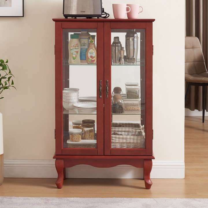 Orange County Decor - Wholesale Cabinet - 2 Doors Curio Cabinet With Tempered Glass Doors, Curio Cabinets With Mirrored Back Panel And Adjustable Shelves, Lighted Display Cabinet For Home, Office Light Bulb Included Cherry Cherry Mdf Glass0