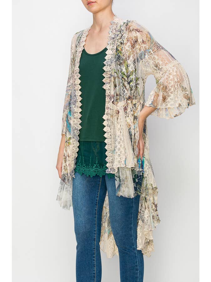 FEA Cardigan Kimono Éthéré en Dentelle à Étages Haut-Bas - 4508 BG/FEA FL en vente sur Faire1