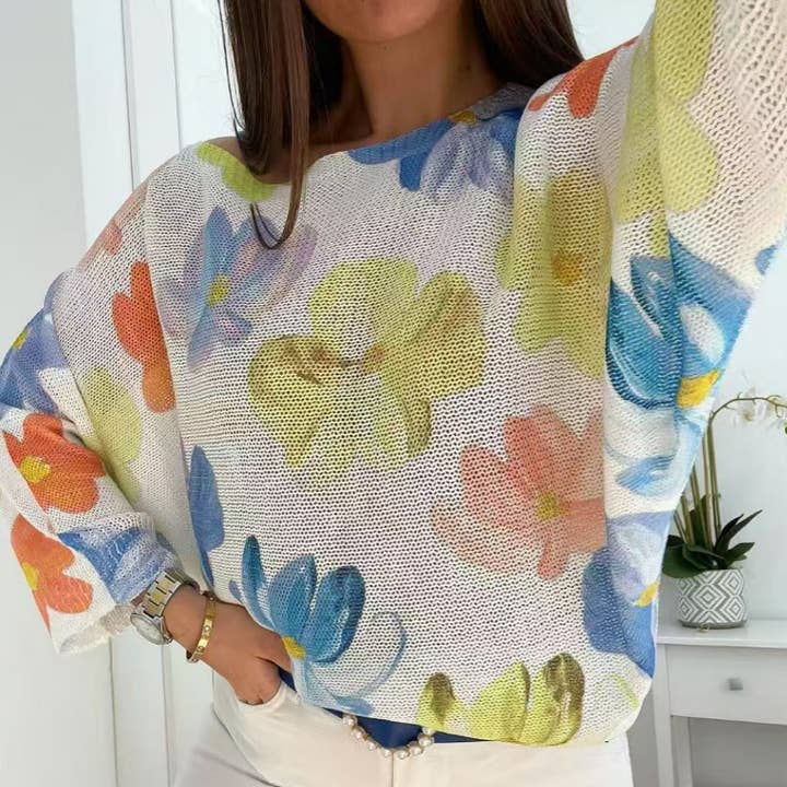 LOOWIE - Wholesale Knit Sweater - Women's - POFL2 White Floral V-Neck Knit Printed Sweater LOOWIE