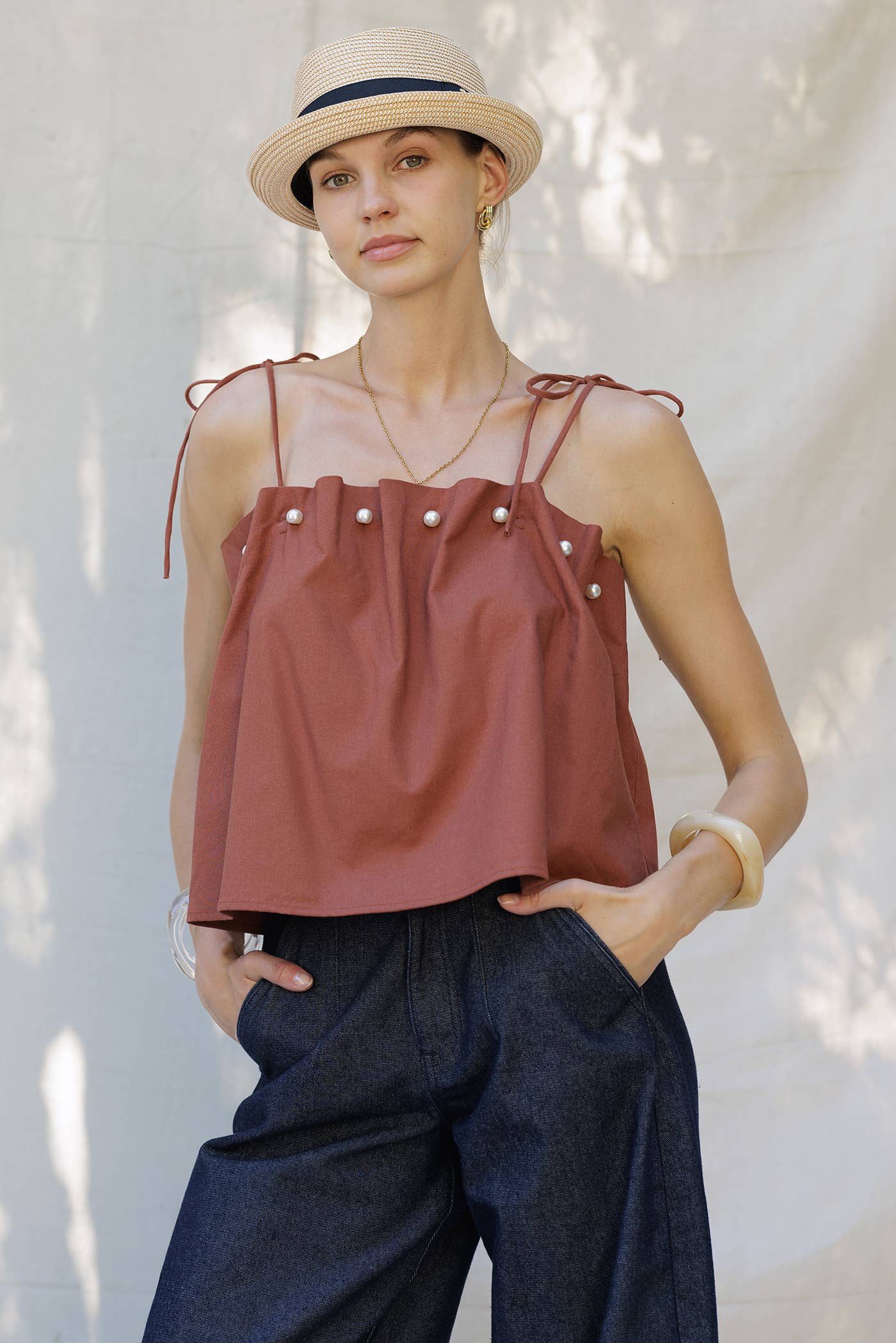 LINO BICOLORE Top in lino con perle applicate in vendita all'ingrosso su Faire12