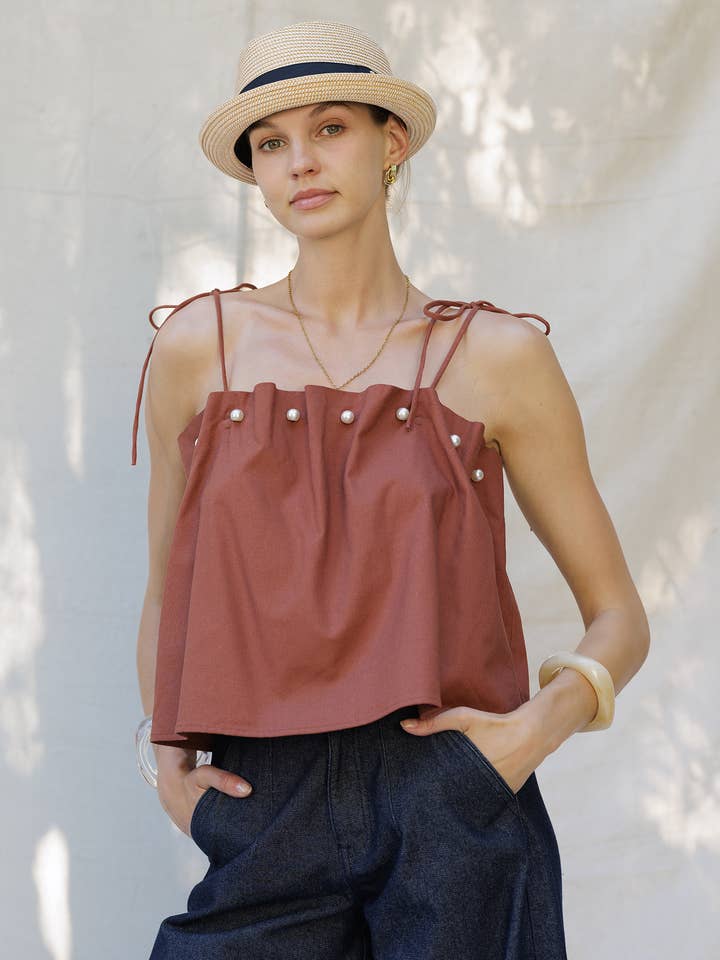 LINO BICOLORE Top in lino con perle applicate in vendita all'ingrosso su Faire12