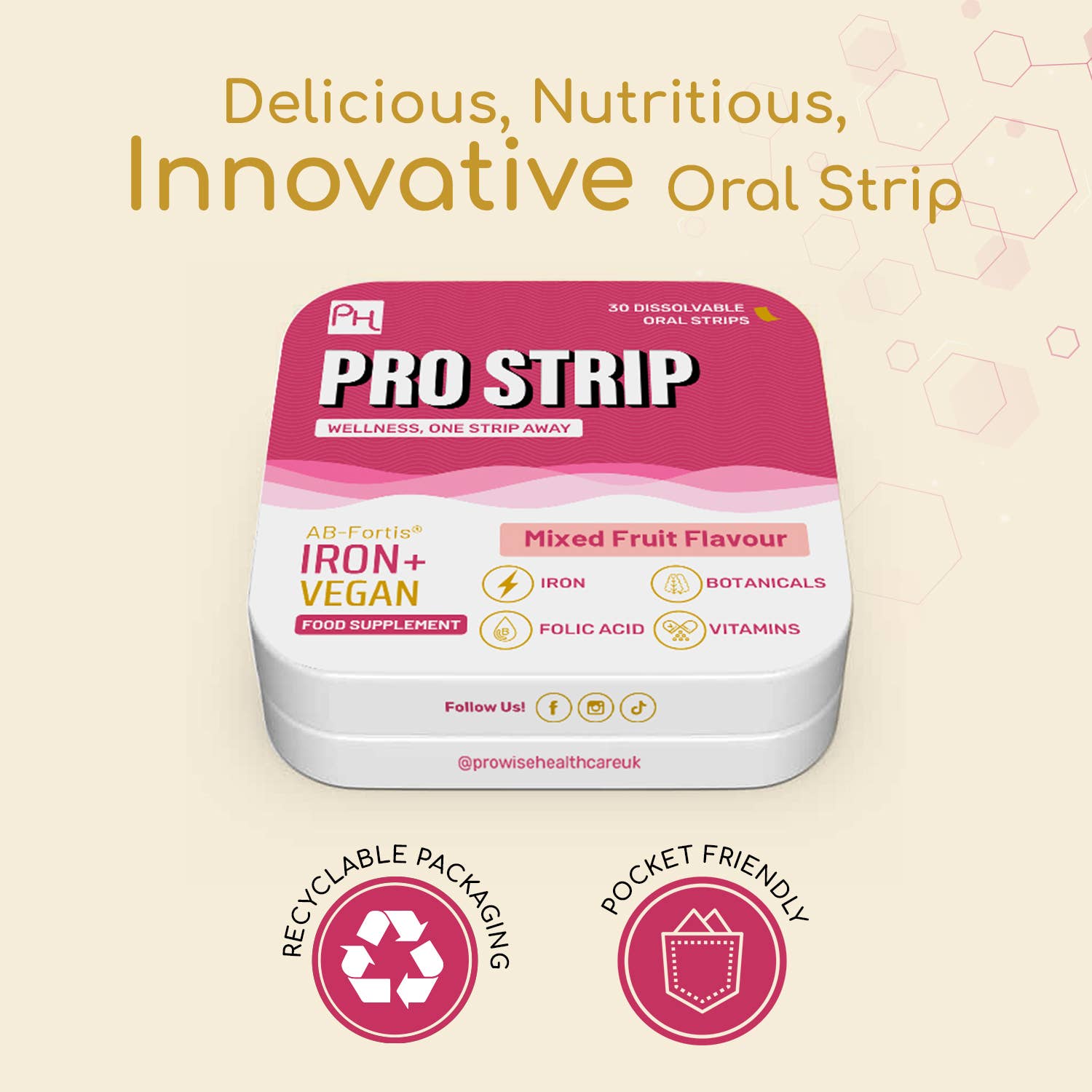 Prowise Healthcare - Wholesale Oral Supplement/Vitamin - PROSTRIP®️ IRON+ AB-Fortis® 14mg 30 Oral Vegan Strips6