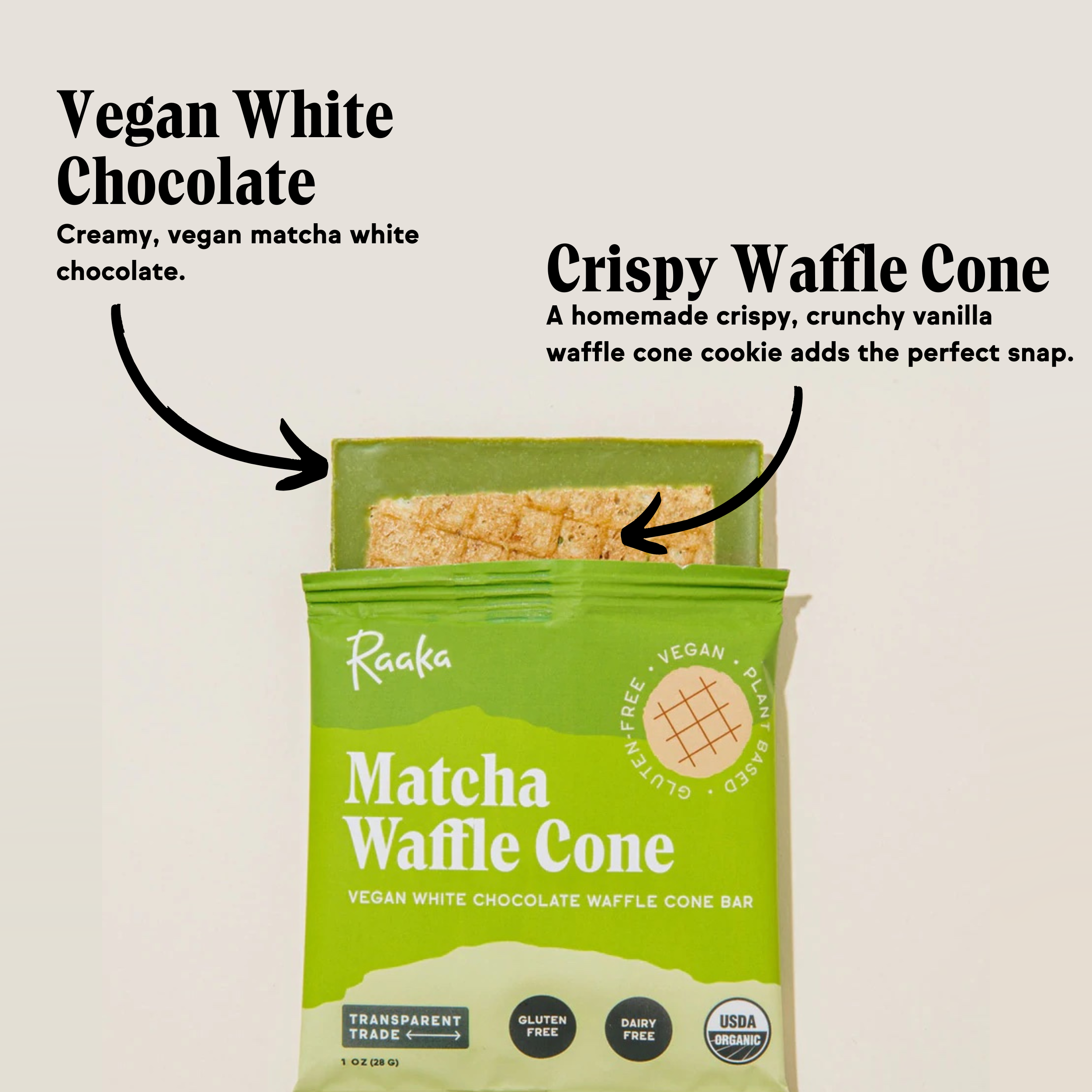 Raaka Chocolate - Wholesale Chocolate Bar - Matcha Dipped Waffle Cone White Chocolate Bar6