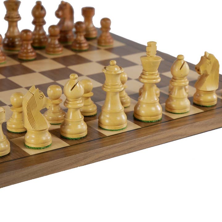 WorldWise Imports - Wholesale Board Game - Chess Set - Sheesham/Boxwood German Knight on Walnut & Maple Veneer Board2