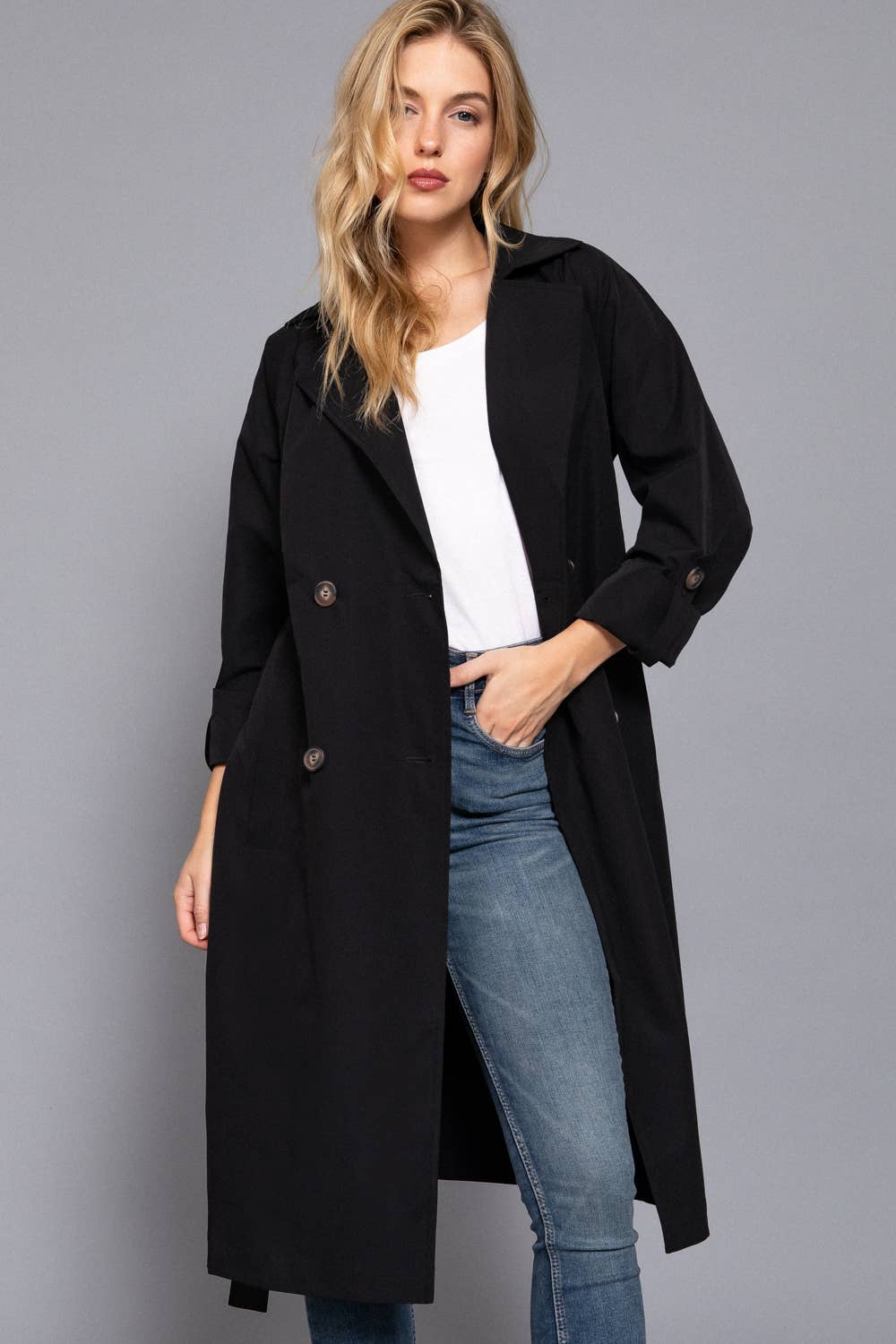 Active Basic | Active USA - Wholesale Trench Coat - Women's - Long Sleeve V-Neck Lapel Collar Trench Coat with Belt4