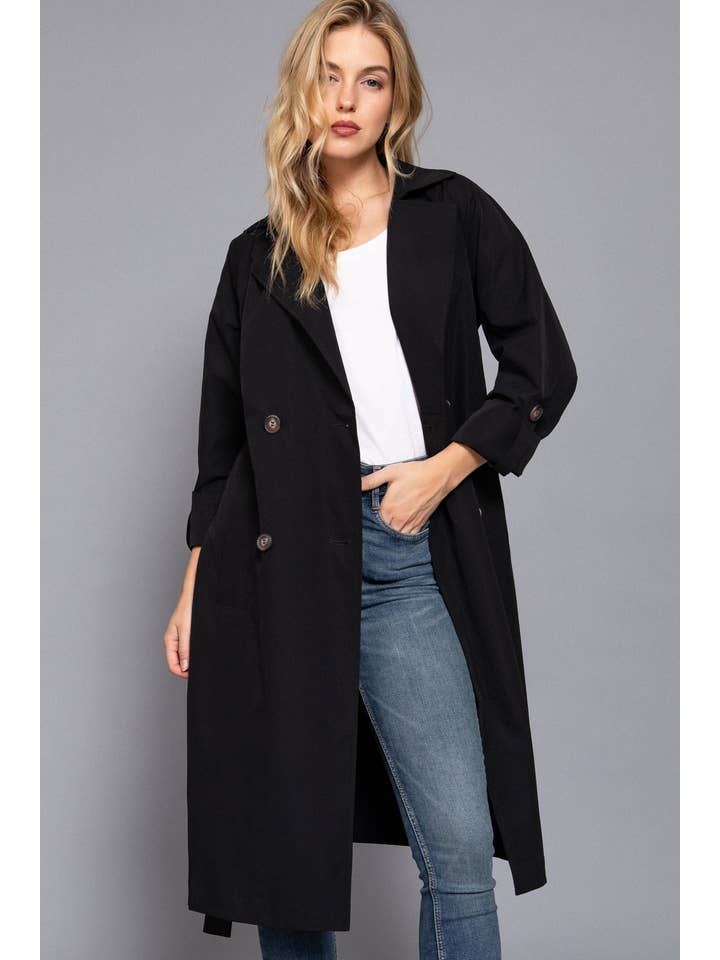 Active Basic | Active USA - Wholesale Trench Coat - Women's - Long Sleeve V-Neck Lapel Collar Trench Coat with Belt4