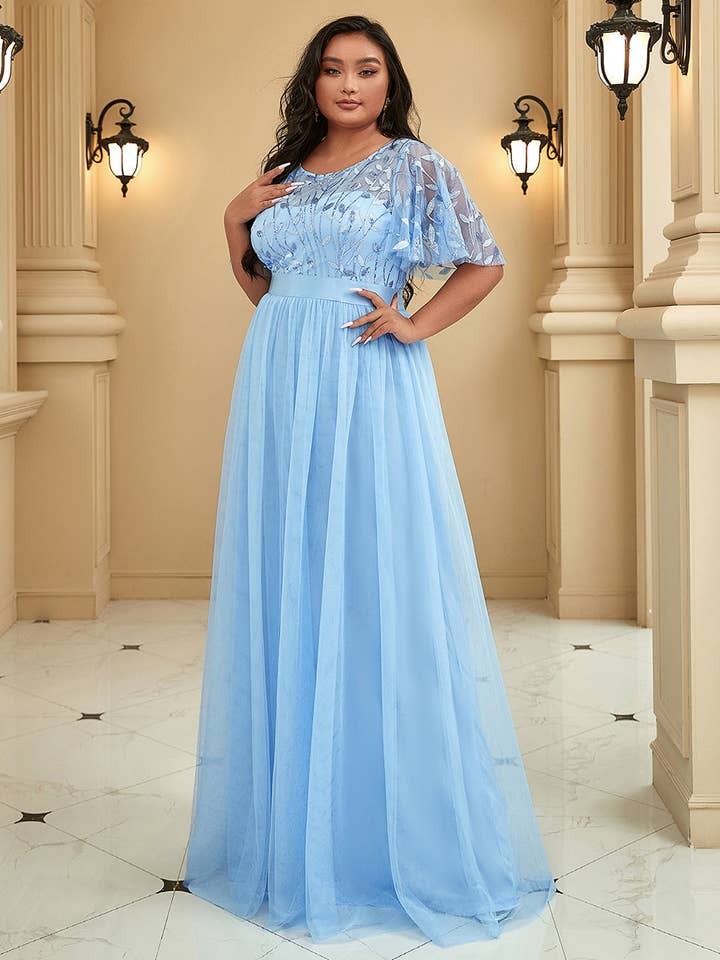 Ever-Pretty - Vente Robe de soirée – femme - Robe de soirée grande taille à imprimé pailleté avec manches courtes volantées4