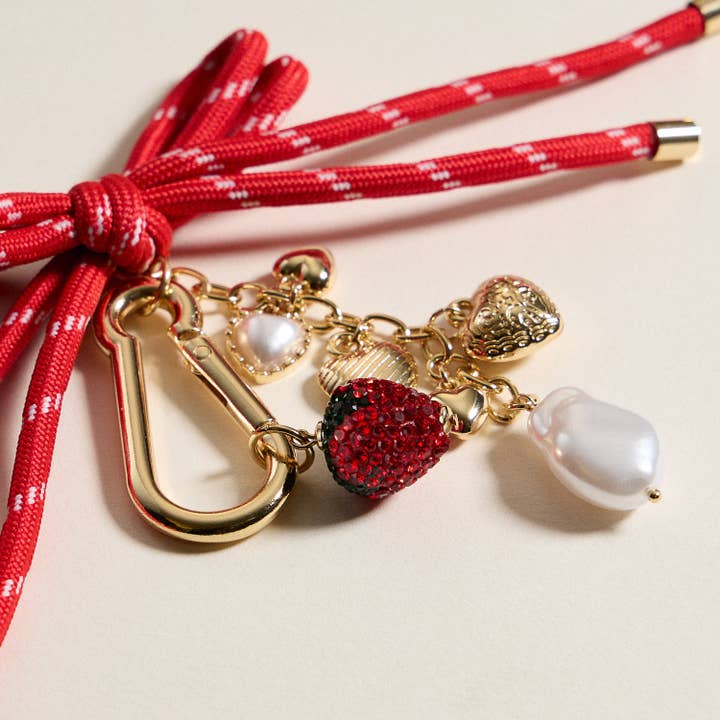 MT Strawberry Heart Charm Keychain & Bag Charm with Enamel Detailing and Bow Accent for wholesale on Faire1