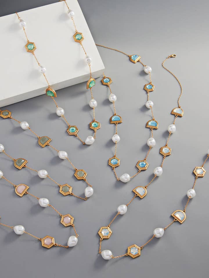 Mixed Shape Pearl With Glass Station Long Necklace for wholesale by Designature New York