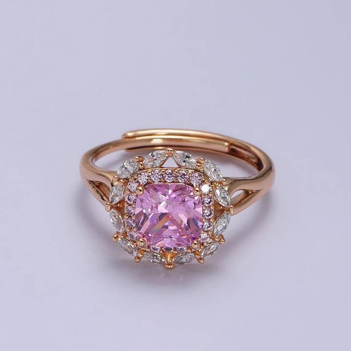 18K Guld Fylld Rosa CZ Fyrkantig Klar Mikro Pärlad Marquise Justerbar Ring | R-104 för wholesale av Aim Eternal
