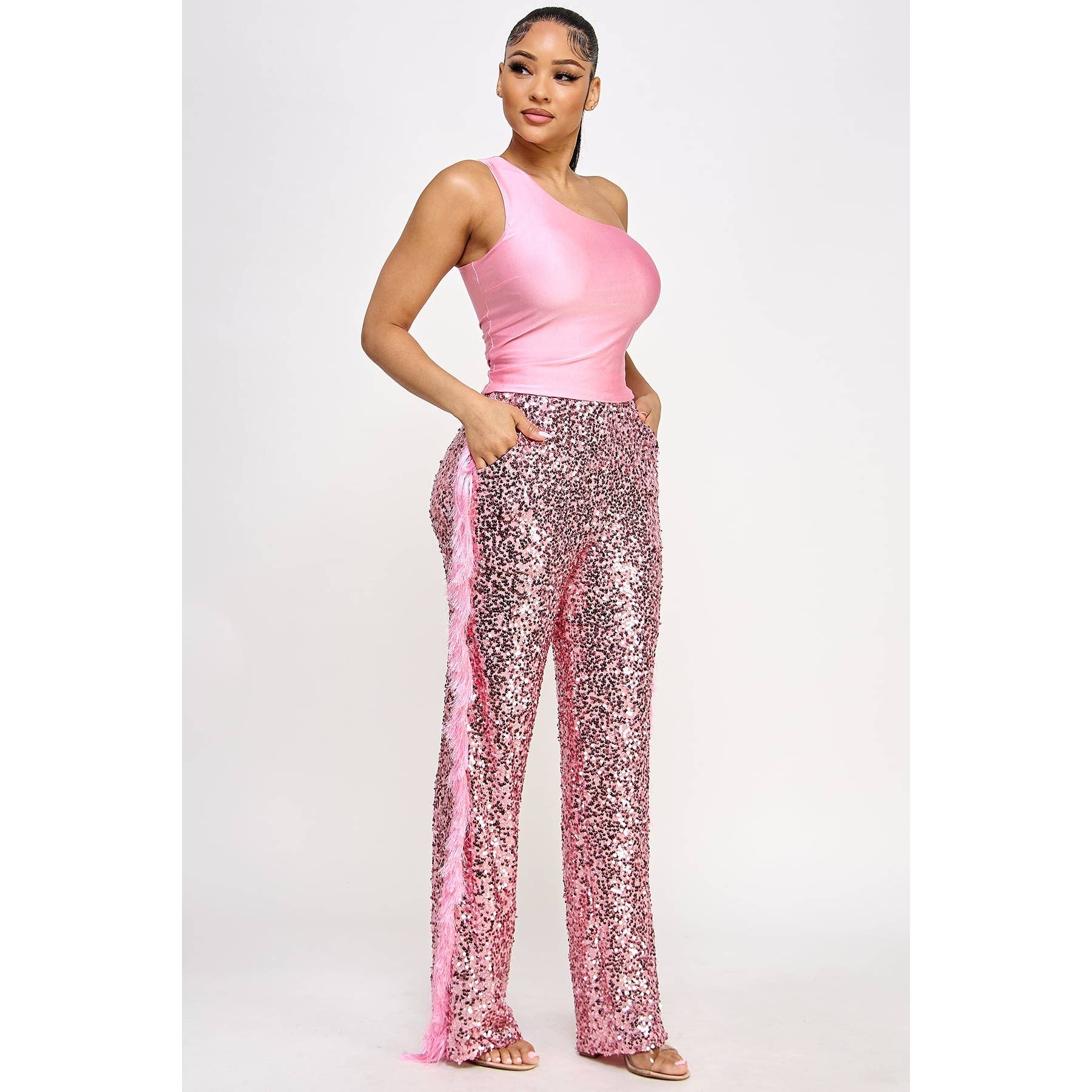Esmeray Clothing - Wholesale Top & Pant Set (NOT Loungewear) - Women's - Glamour Sparkle One-Shoulder Tassel Set4