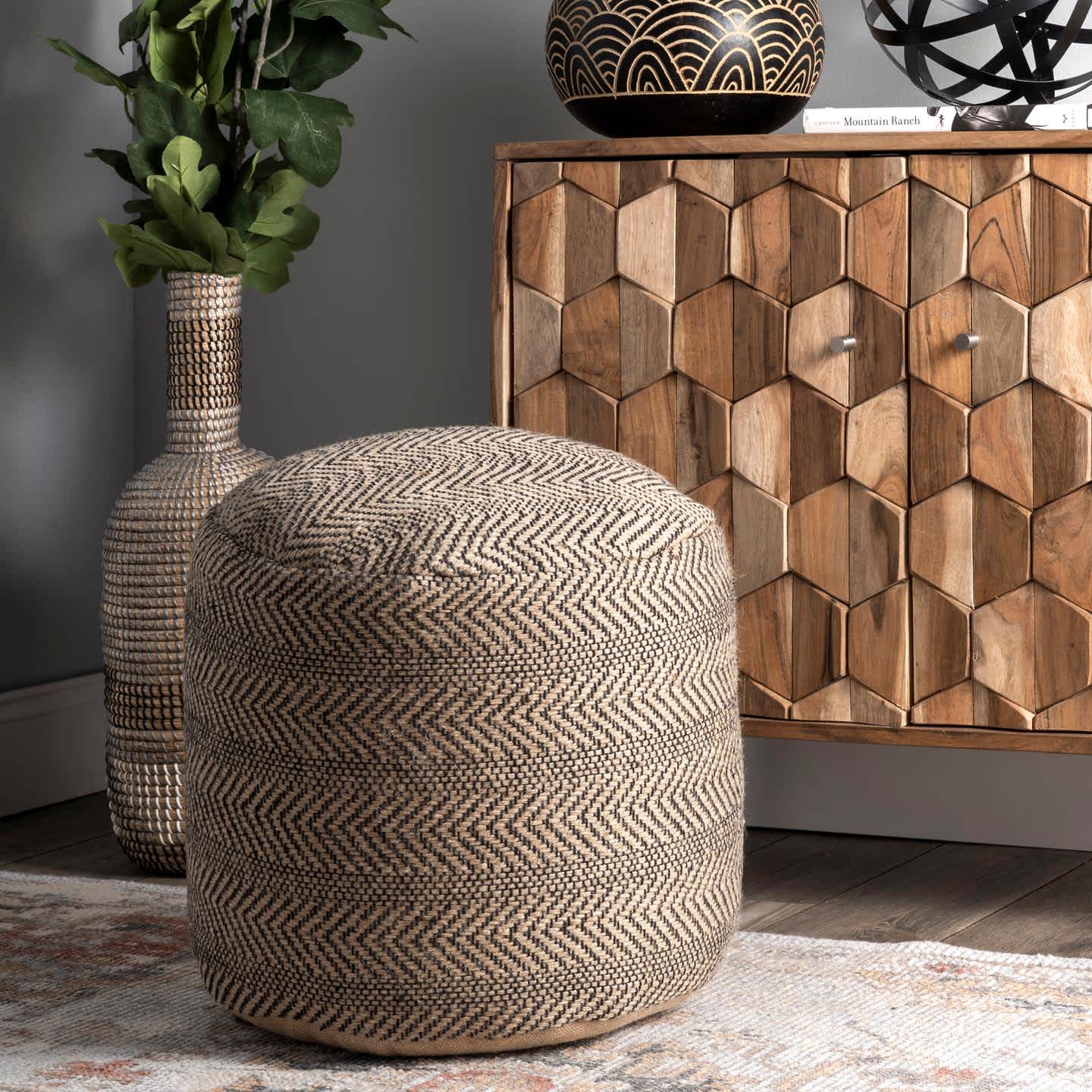 Natural Exeter Chevron Braided Jute Filled Ottoman Pouf for wholesale on Faire1