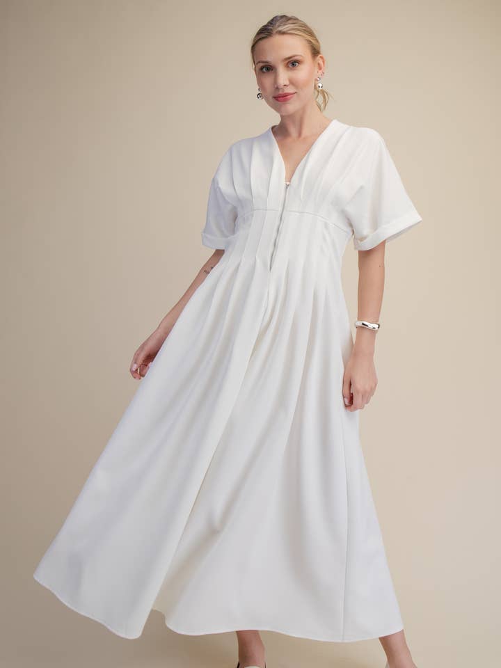 Front Zip Pleats at Waist Flare Stretch Shirt Dress for wholesale by Glam