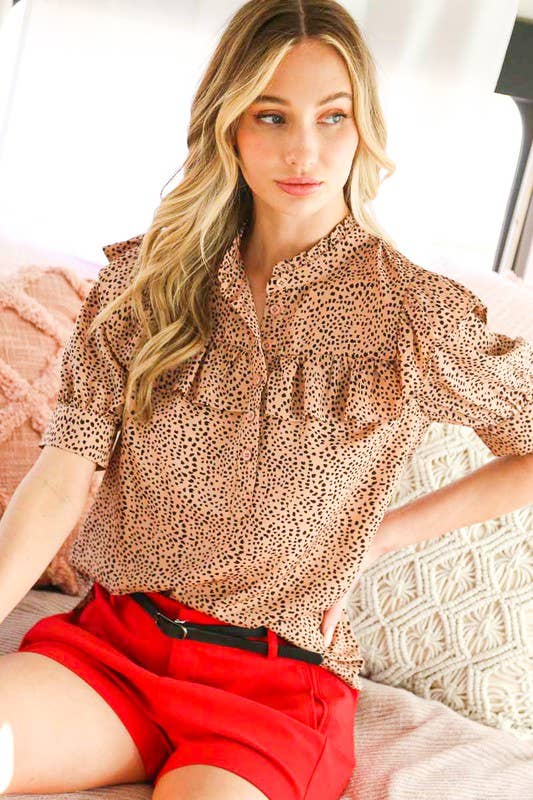 Vine & Love - Wholesale Blouse - Women's - Ruffled Neck Short Puff Blouse Top VT702798