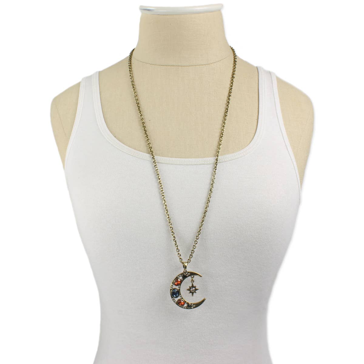 ZAD – wholesale Pendant/charm necklace – Jeweled Moon & Star Long Necklace1