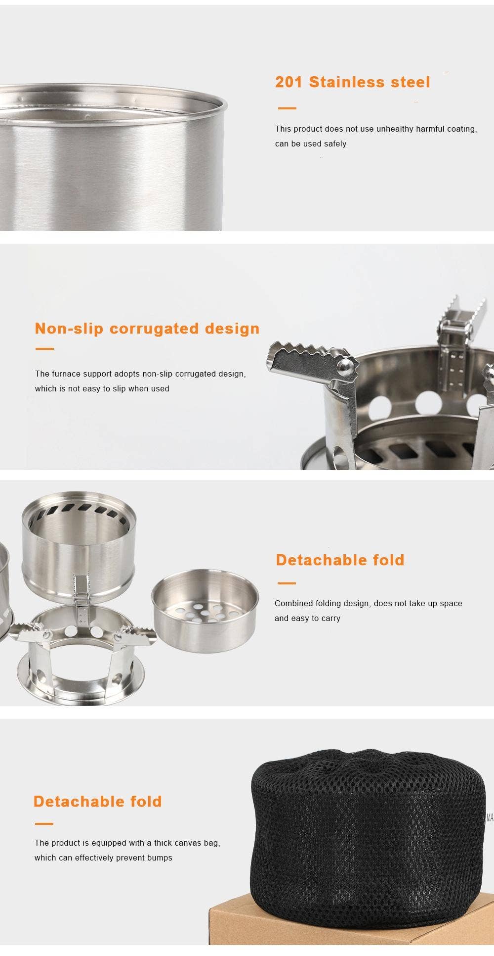 VIGOR - Venta al por mayor Fosos para fuegos - Estufa portátil de leña plegable de acero inoxidable para camping11