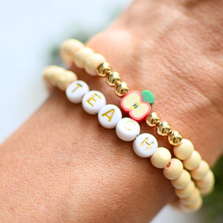 Two and Crew - Wholesale Beaded Bracelet - Natural Wood Bead Teacher apple charm Bracelet Stack