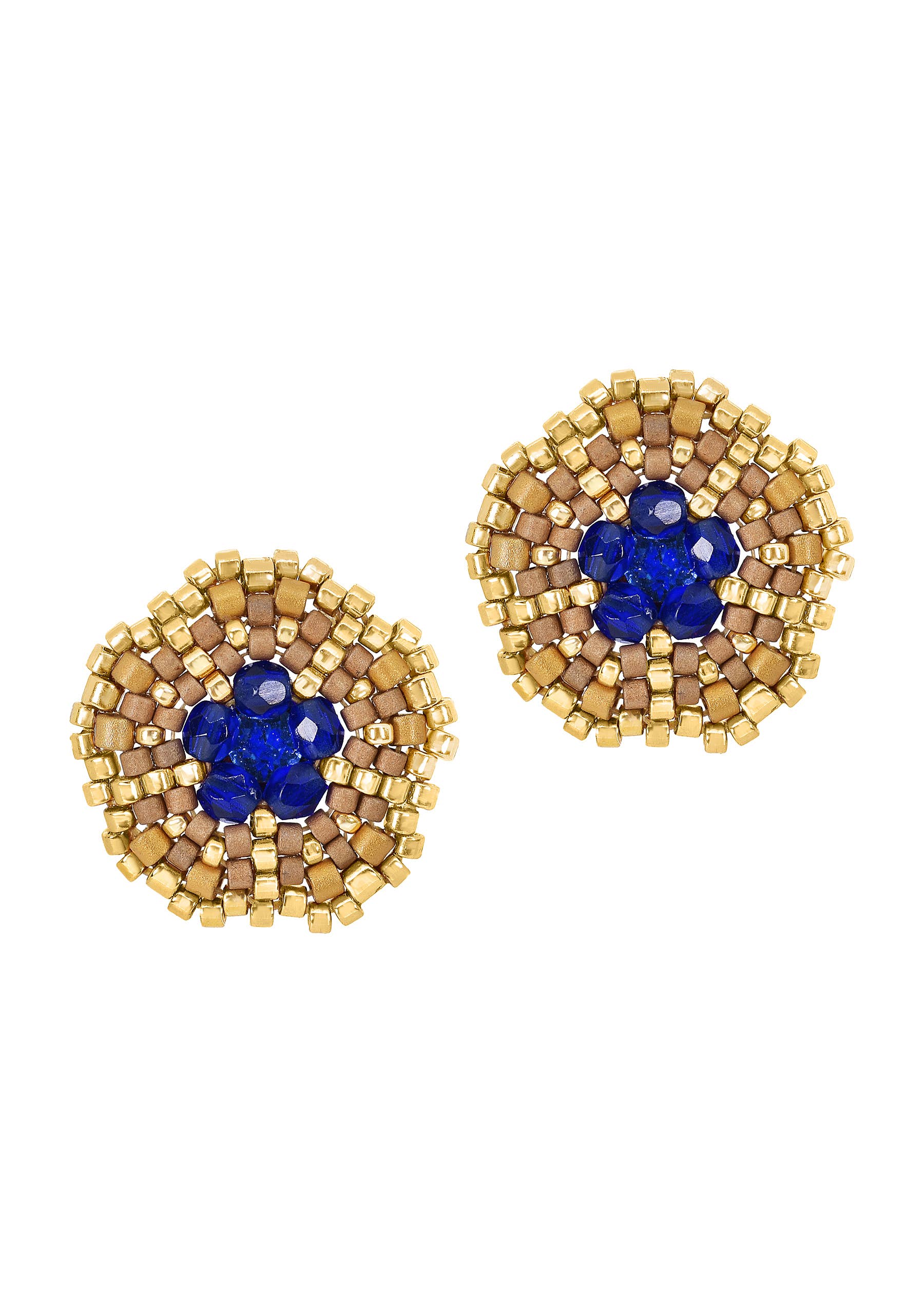 Miguel Ases - Wholesale Stud/Post Earrings - Button Stud Earring in Gold and Lapis Blue, Style E24630