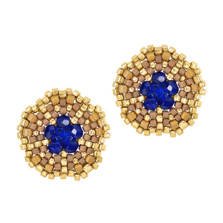 Miguel Ases - Wholesale Stud/Post Earrings - Button Stud Earring in Gold and Lapis Blue, Style E246300