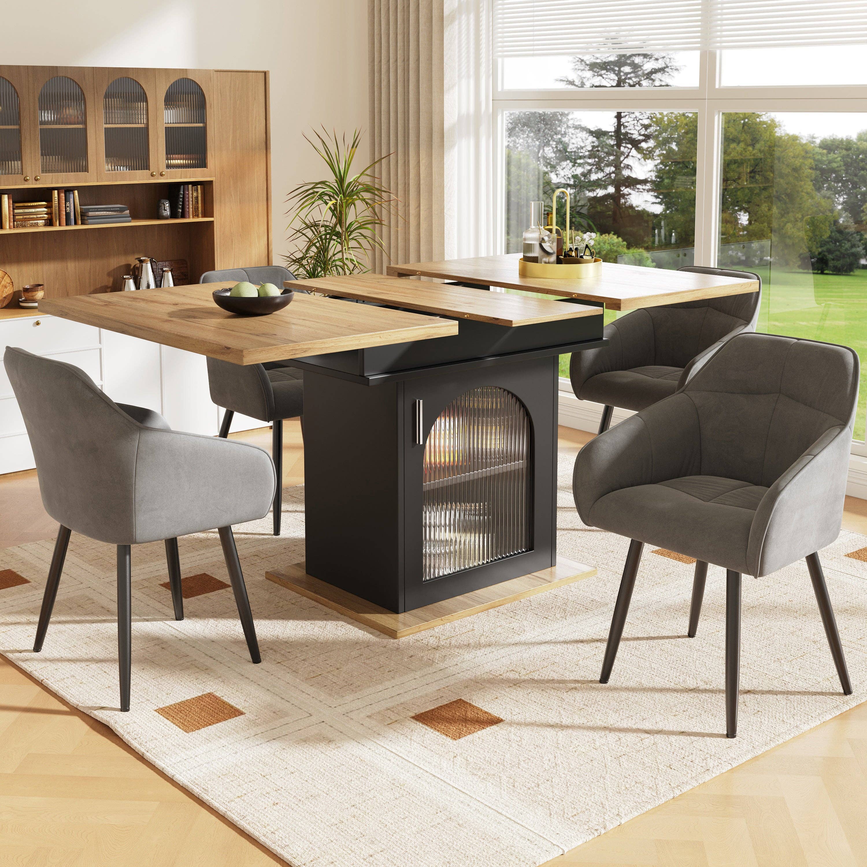 Urban Meuble - Wholesale Side Table - Extendable dining table with wood effect, black storage space, and glass 110-140*70cm CHOCAS BLACK GLASS2